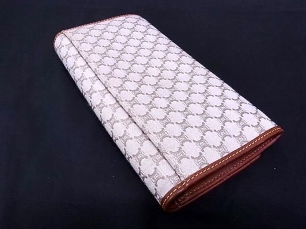 Celine Long Beige Canvas Macadam fold Bi Wallet Leather Brown Tan Brown
